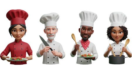 Animated chefs showcasing diverse culinary skills and attire.の素材