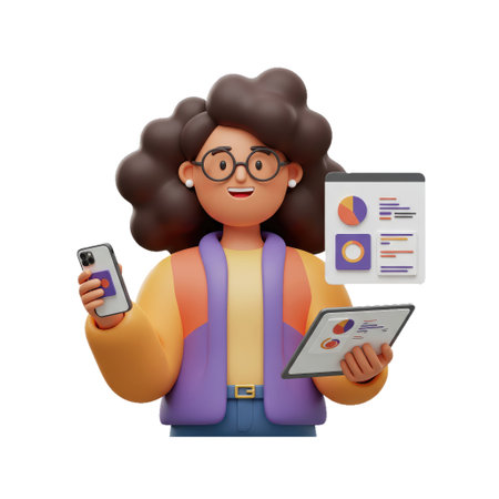 A digital character representing a data analyst with various devices and graphs.の素材