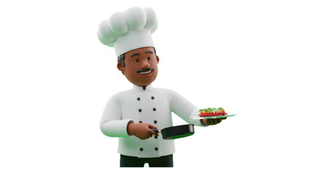 A cheerful chef presenting a plate of fresh vegetables.の素材