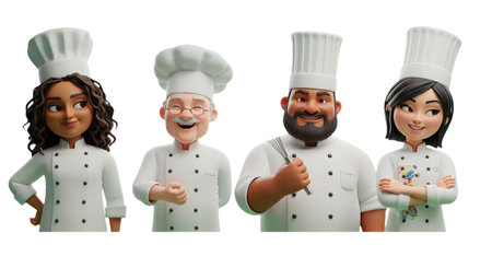 A diverse group of animated chefs displaying confident poses.の素材