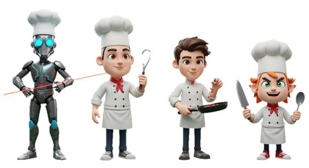 Animated chefs with unique features stand against a plain backdrop.の素材