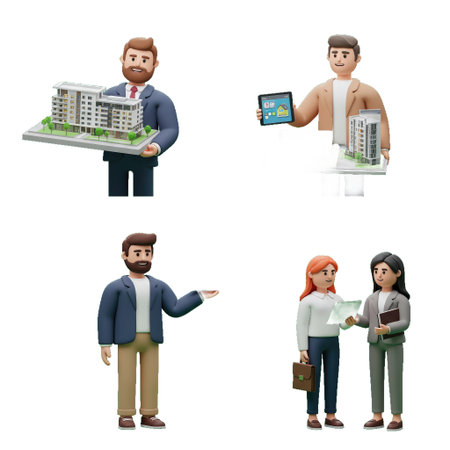 4D animated characters showcasing real estate models and documents.の素材