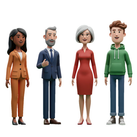 A group of animated characters in professional attire posed against a plain background.の素材