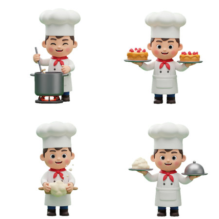 A set of four animated chef figures performing different culinary tasks.の素材