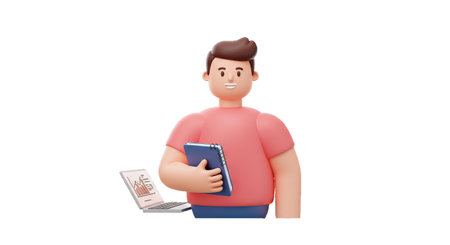 A cheerful figure with a laptop and notebook represents productivity or education.の素材