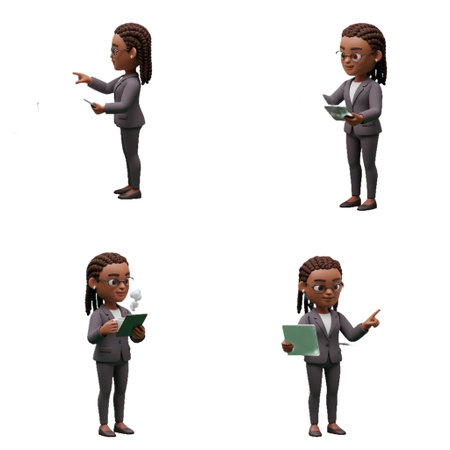 Digital representation of a confident businesswoman in various professional scenarios.の素材