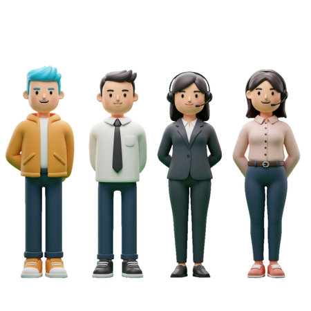 A group of animated characters representing diverse professions in a uniform style.の素材