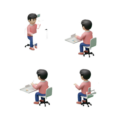 A series of isometric illustrations depicting a person in various work and casual settings.の素材