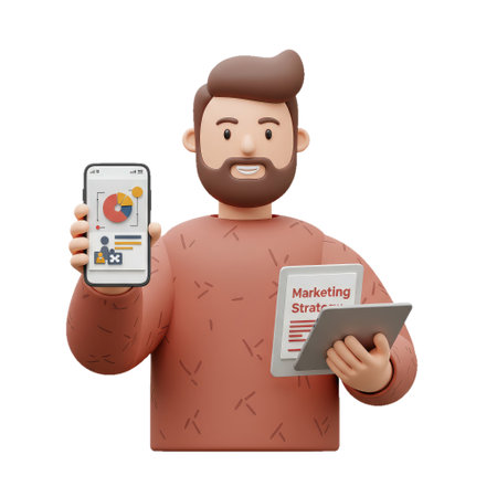 A marketing strategist analyzing data with mobile devices.の素材