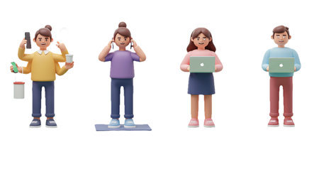 A group of people in a casual setting engaged with various activities.の素材