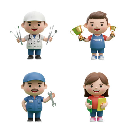 A collection of animated characters representing different professions holding trophies and books.の素材