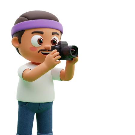 A cheerful animated character taking a photo with a camera.の素材
