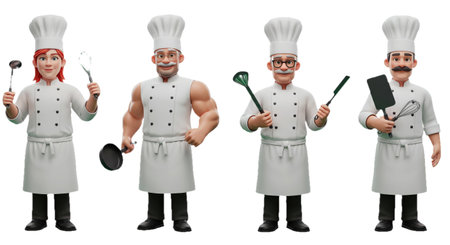 Computer-generated chefs with various cooking utensils.の素材