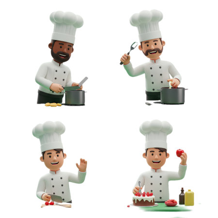 A collection of animated chef figurines performing various cooking actions.の素材