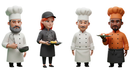 3D animated chef figurines with diverse attire and accessoriesの素材