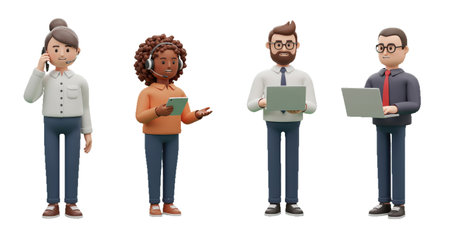 A group of animated individuals working in customer service roles.の素材