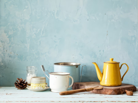 Vintage Kitchen Ambiance: A Delightful Collection of Intricate Objects Surrounding an Old Wooden Tableの素材