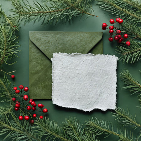 Christmas greeting card mockup with envelope, fir branches and berries on green backgroundの素材