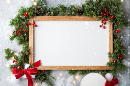 Christmas greeting card. Festive decoration on wooden background. New Year concept. Copy space.  Flat lay. Top view.の素材