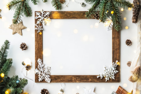 Christmas and New Year background with wooden frame, fir branches, snowflakes and lights. Flat lay, top view, copy spaceの素材