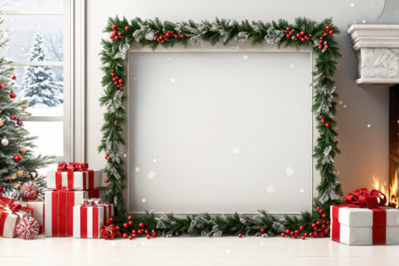 Snowy Wonderland: A Winter-Themed Holiday Decoration Featuring Red and Green Decorations, Presents, and Wreathsの素材