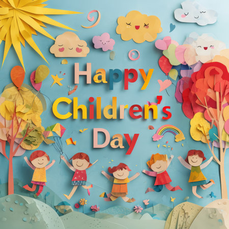 Joyful Skies: A Colorful Paper Art Collage Celebrating Children's Dayの素材
