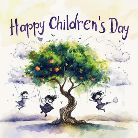 Joyful Energy: A Watercolor Depiction of Happy Children's Day Around an Apple Treeの素材