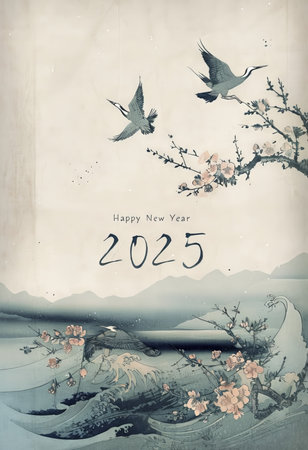 Year of the Crane: Cherry Blossom Wishes from Japan - A Traditional New Year's Cardの素材