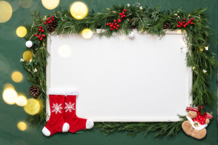 christmas background with copy space and christmas decoration on green boardの素材