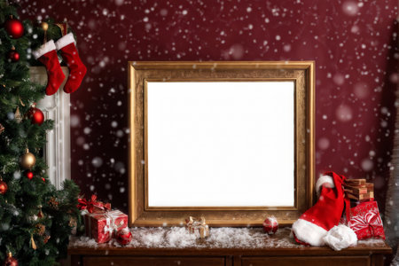 Mock up frame with christmas tree and gifts on brown backgroundの素材