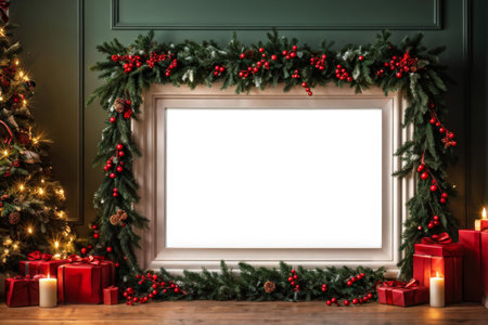 Christmas background with empty frame and decorations. Mock up, 3D Renderingの素材