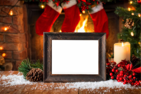 Photo frame in front of a fireplace with christmas tree and fireplaceの素材