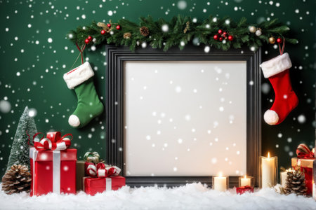 Christmas background with frame, gifts and decorations. Space for your textの素材