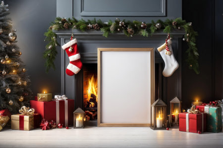 Charming Winter Ambiance: A Decorated Living Room Illuminated by the Fireplace, Enriched by Stockings, Presents, and Framed Memories Surrounding the Adventurous Holiday Seasonの素材