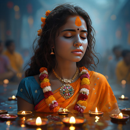 Silent Serenity: A Woman in Sari, Gold Jewelry, Garland, Bindi, Flowers, and Floating Oil Lamps Amidst Blurred Figuresの素材