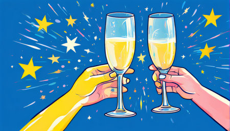 Champagne Celebrations: A Vibrant Blue Canvas of Joyful Stars and Confettiの素材