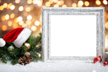 Silent Snow: Blurred Lights Framed by Blank White Frame at Festive Christmas Decorationsの素材