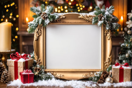 Christmas and New Year background with empty frame, candles and fir tree branchesの素材