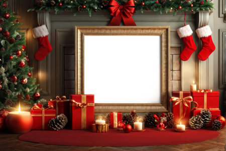 Radiant Winter Elegance: A Christmas Decorative Ambiance Featuring Red Ornaments, Golden Stockings, Lit Candles, and Luxurious Gift Boxesの素材