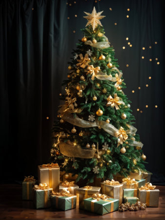 Christmas tree with gifts on the background of a dark room with a garlandの素材