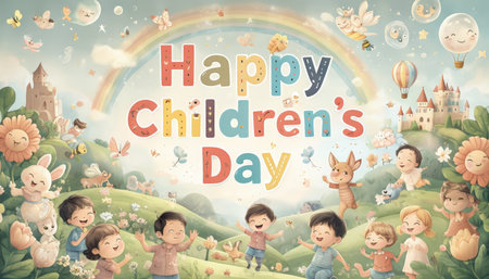 Children's Day Celebration Poster: Rainbow of Colors and Cheerful Characters Surrounding Nature's Wonderlandの素材