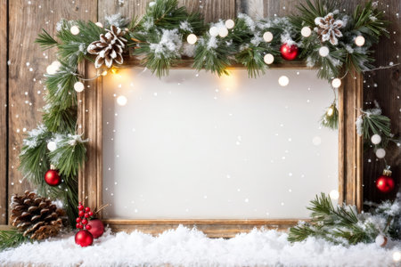 Radiant Christmas Decorations: A Red and Green Ornamented Picture Frame Adorned with Pine Cones and Lightsの素材