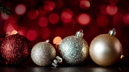 Christmas baubles on bokeh background with copy space.の素材