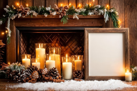 Christmas background with burning candles, fir branches and pine cones on wooden backgroundの素材