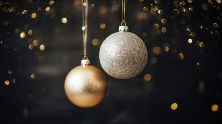 Christmas Bokeh Magic: A Close-Up Peek at Gold and Silver Baubles Amidst Enchanting Bokeh Lightsの素材