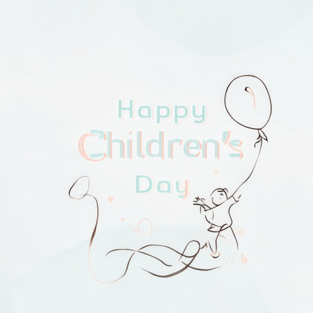 Happy children's day greeting card with happy boy playing with a balloonの素材