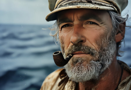 senior male fishing boatの素材