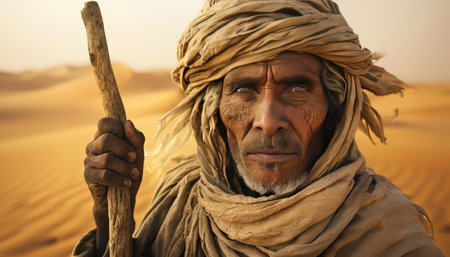 portrait of a handsome arab man with a beard and a camelの素材