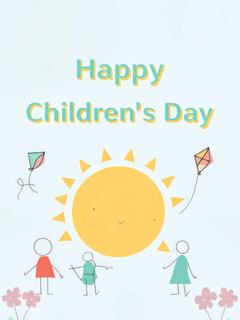 Happy Children's Day card with kids and kite. Vector illustration.の素材