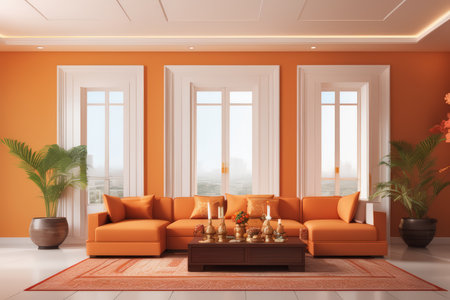 modern living room with orange sofa, sofa, and wooden parquet floor, 3d renderの素材